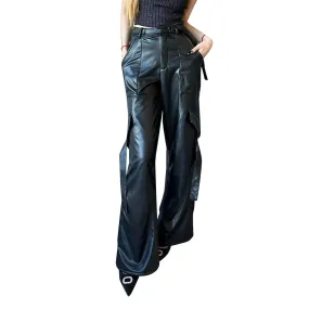 Solid Casual Leather Pants For Women High Waist Full Length Patchwork Pockets Chic Cargo Pant Female Fashion