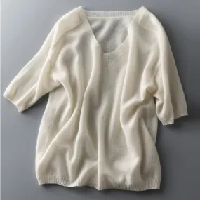 Solid Colour Knitted Women's Sweater Short-Sleeved Ladies V-Neck Cotton Pullover Korean Bottoming Shirt Sweater Summer