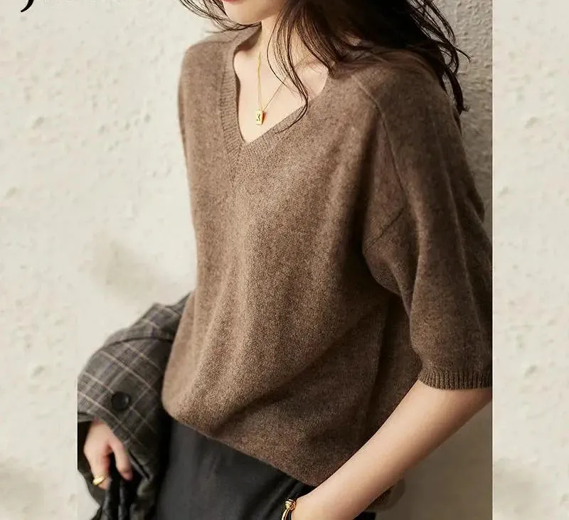 Solid Colour Knitted Women's Sweater Short-Sleeved Ladies V-Neck Cotton Pullover Korean Bottoming Shirt Sweater Summer