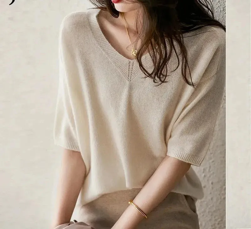 Solid Colour Knitted Women's Sweater Short-Sleeved Ladies V-Neck Cotton Pullover Korean Bottoming Shirt Sweater Summer