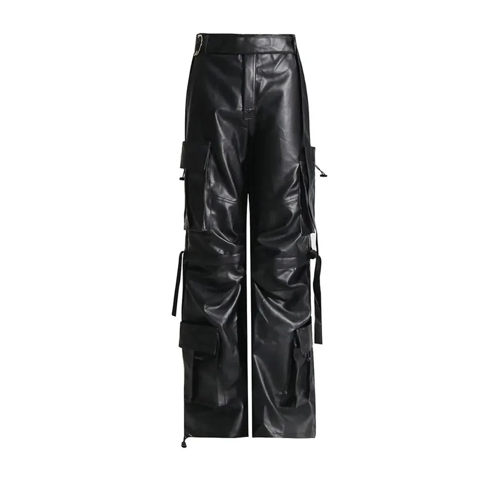 Solid Patchwork Pockets Leather Cargo Pants For Women High Waist Streetwear Loose Floor Length Trousers Female Fashion