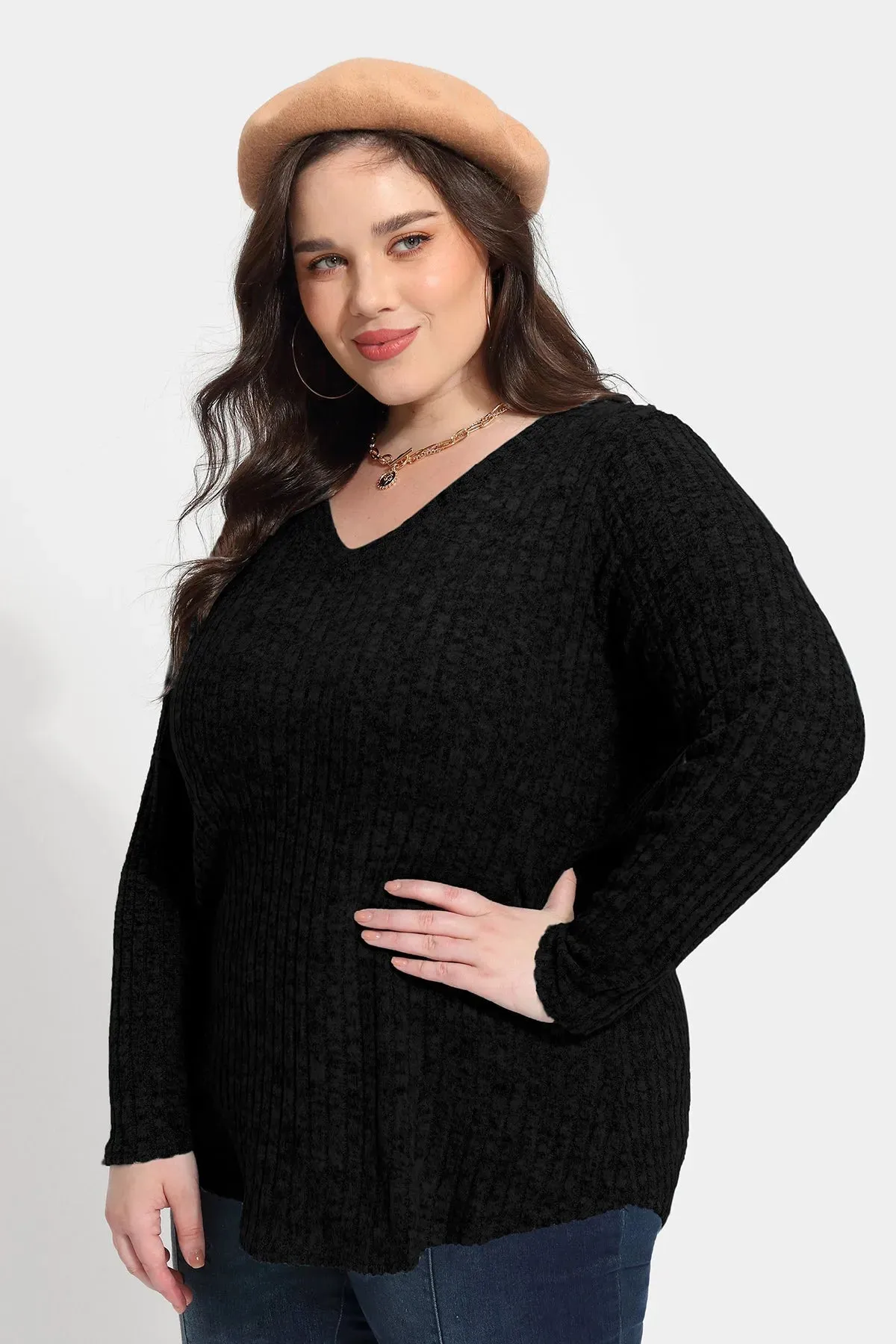 Solid V-neck Elastic Loose Basic Velvet Top Sweater