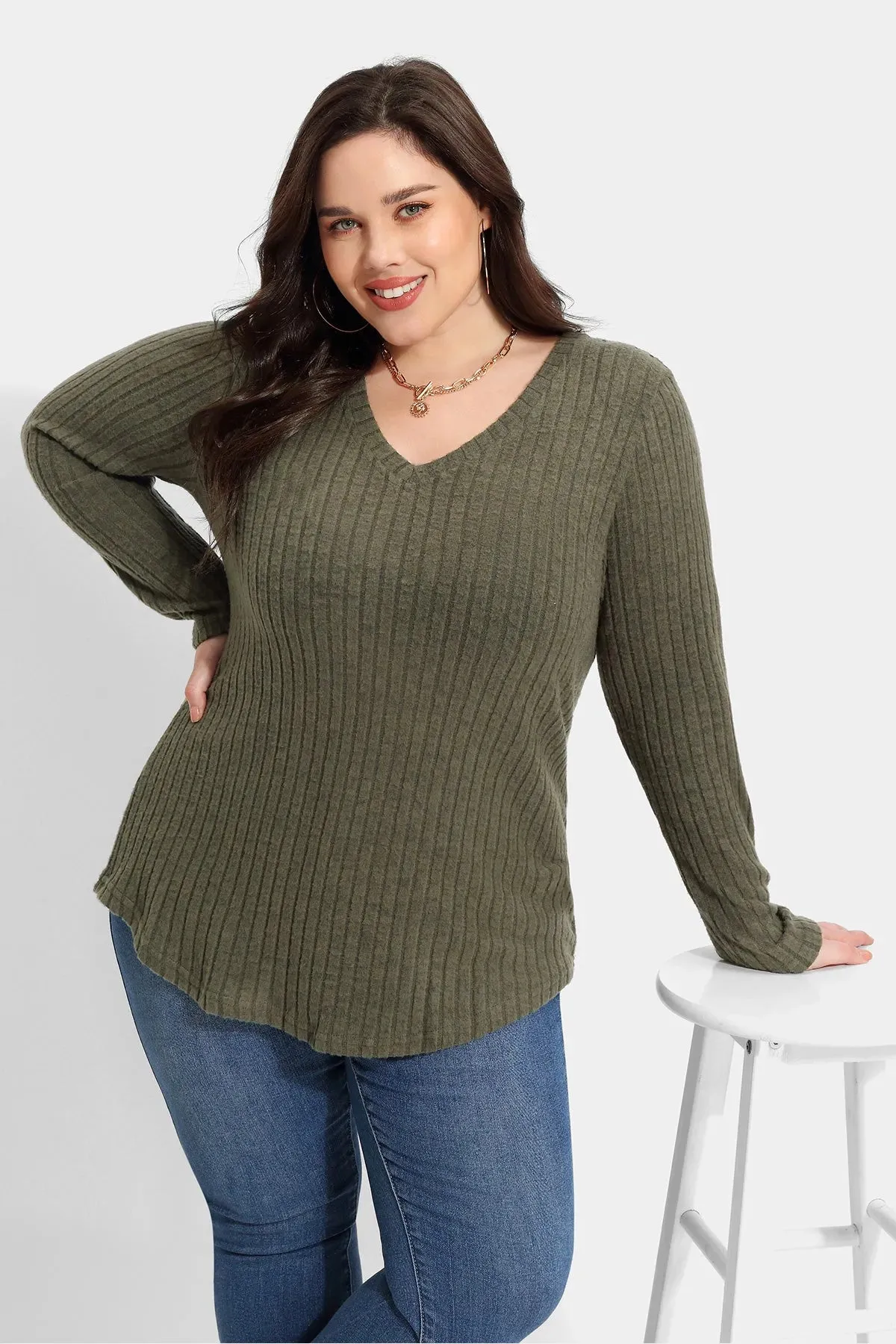 Solid V-neck Elastic Loose Basic Velvet Top Sweater