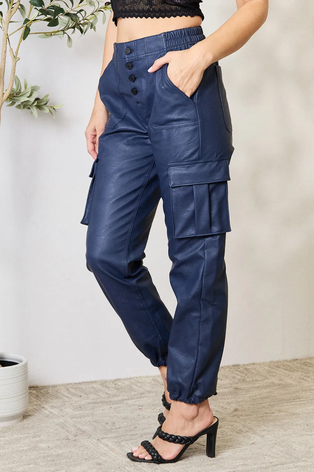 Sophisticated High Waist Faux Leather Cargo Joggers