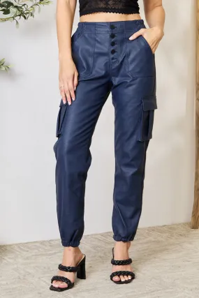 Sophisticated High Waist Faux Leather Cargo Joggers