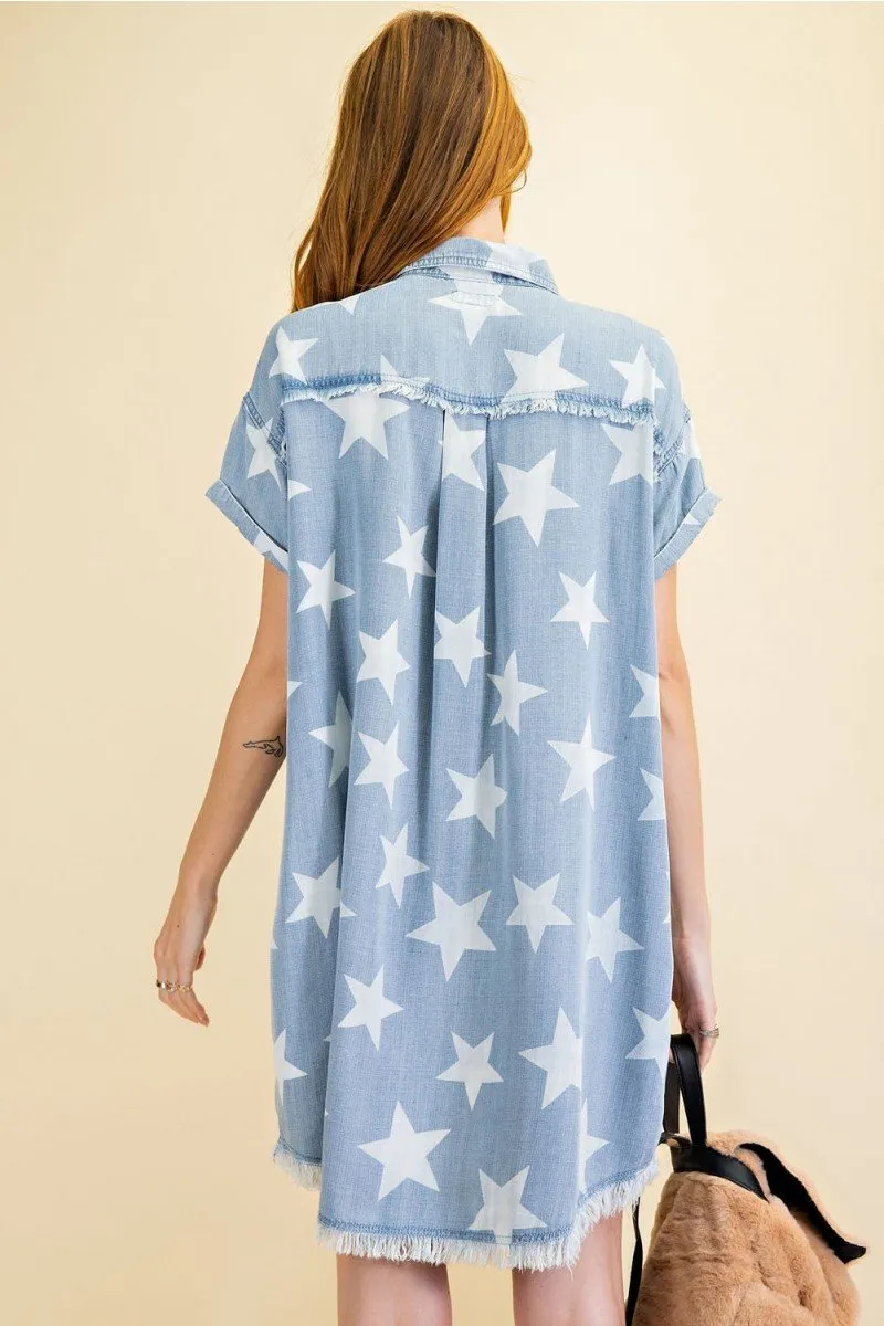 Star printed washed shirt tunic dress - Twinkle Star Denim Shirt Dress