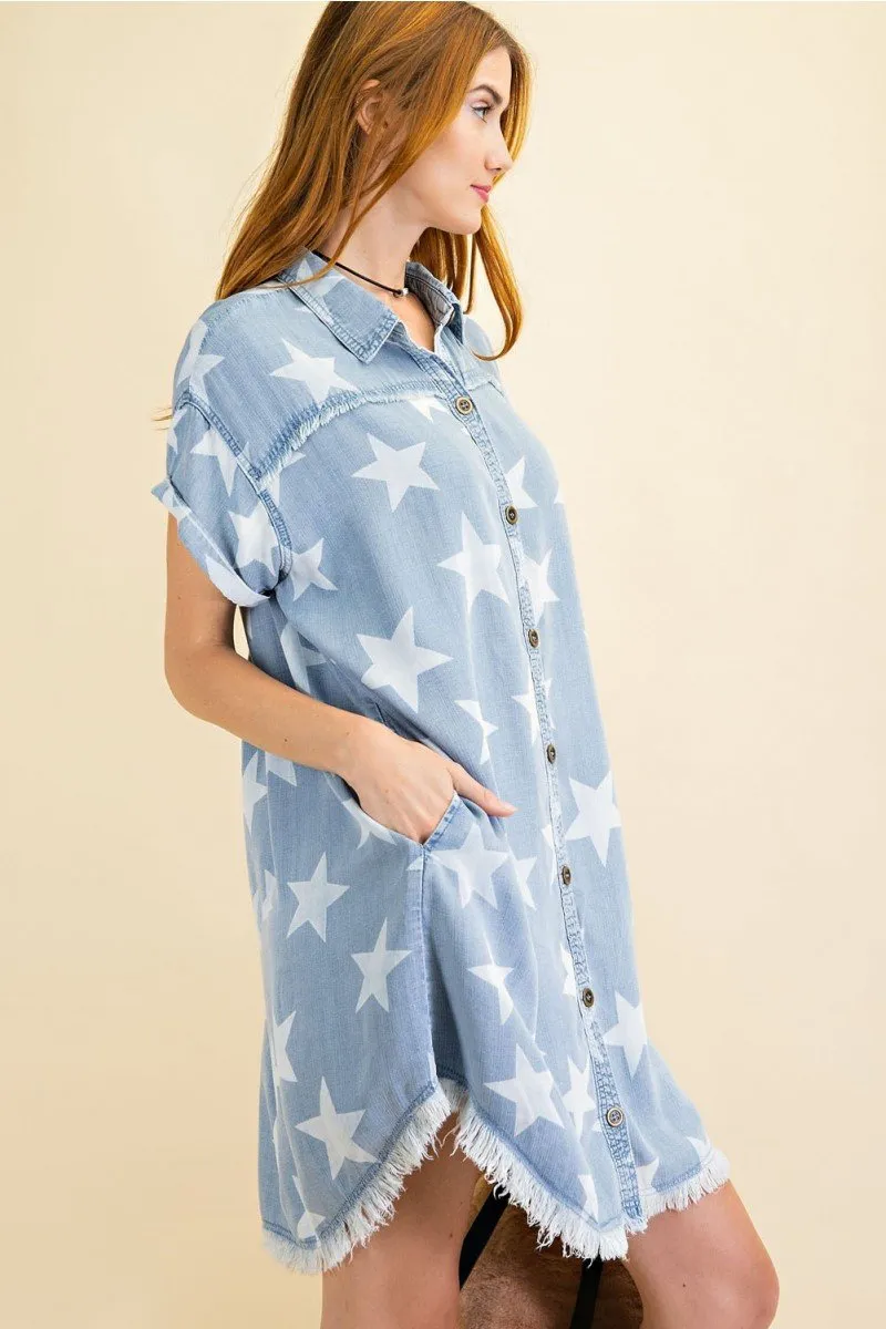 Star printed washed shirt tunic dress - Twinkle Star Denim Shirt Dress