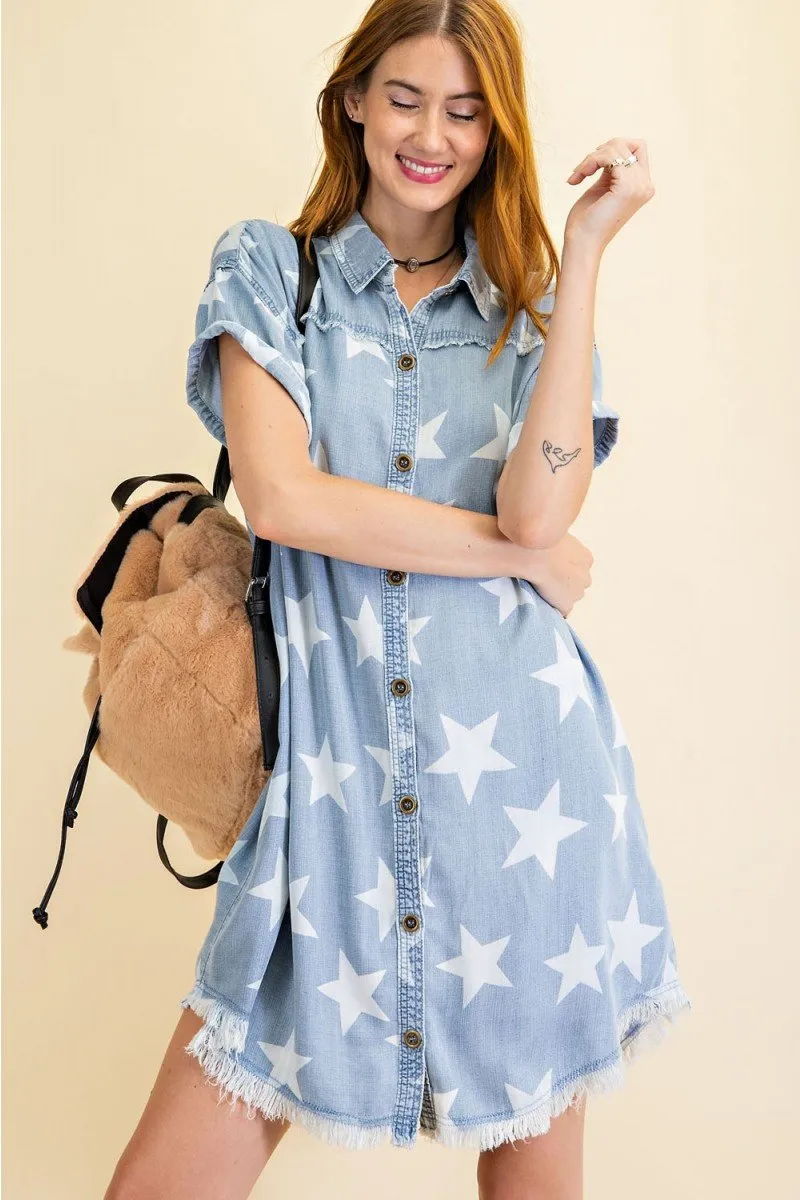 Star printed washed shirt tunic dress - Twinkle Star Denim Shirt Dress