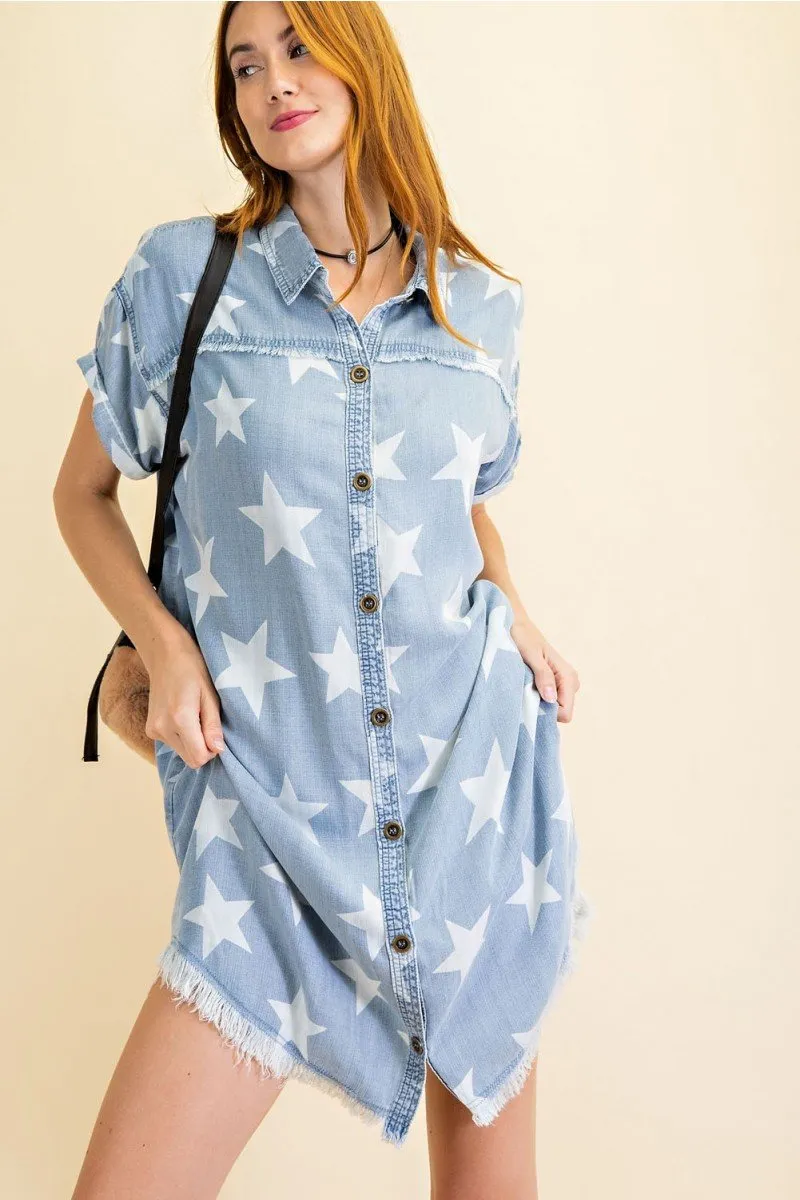 Star printed washed shirt tunic dress - Twinkle Star Denim Shirt Dress