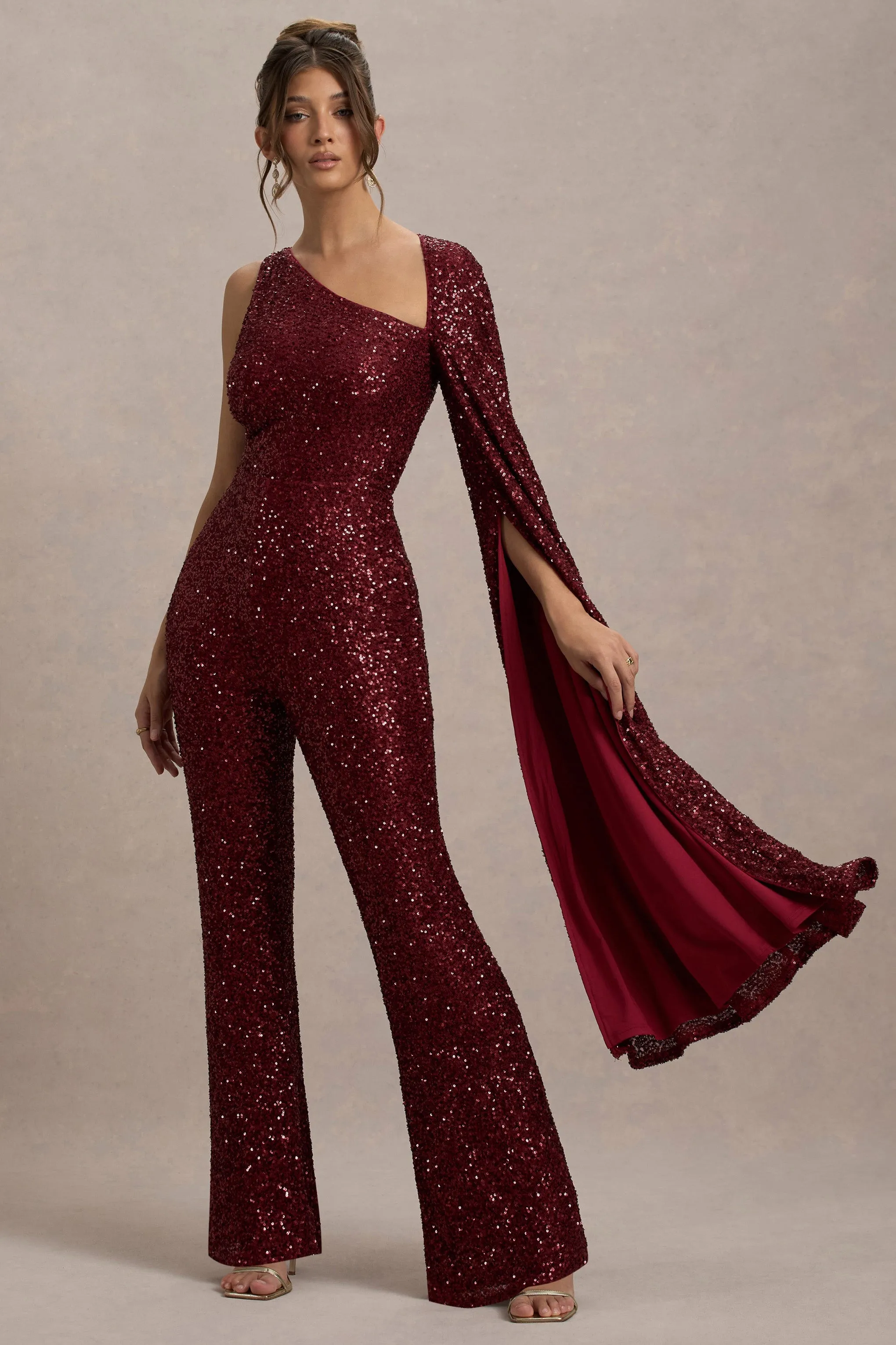 Star Seeker | Port Sequin One-Shoulder Cape Sleeve Jumpsuit