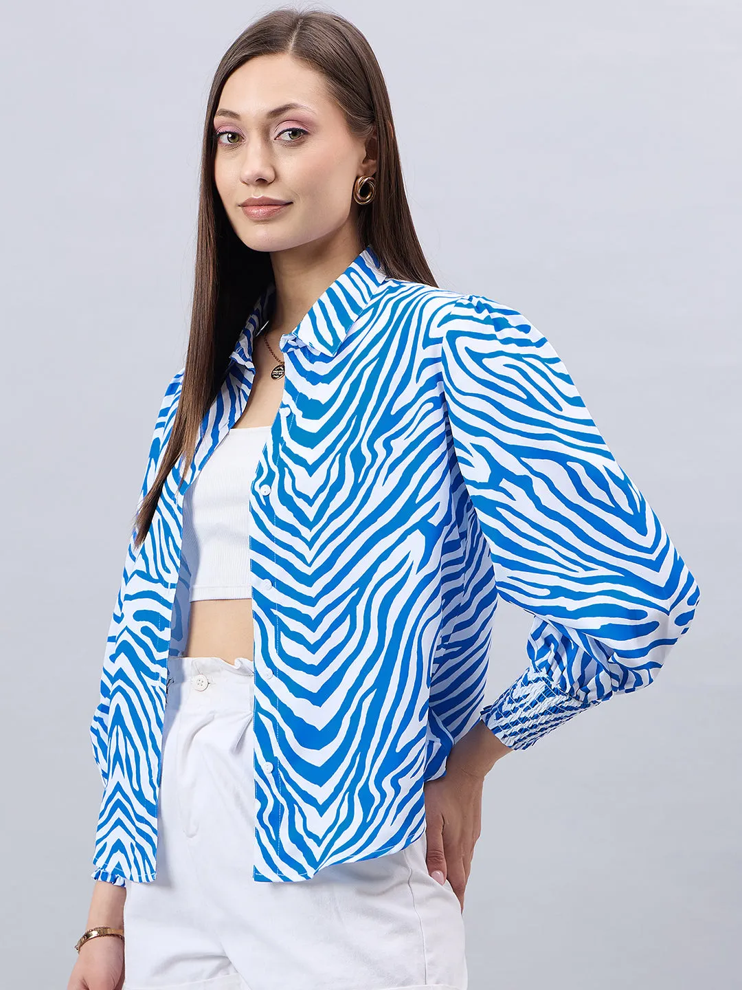 Style Quotient Women Blue And White Animal Printed Polyester Regular Fit Smart Casual Shirt