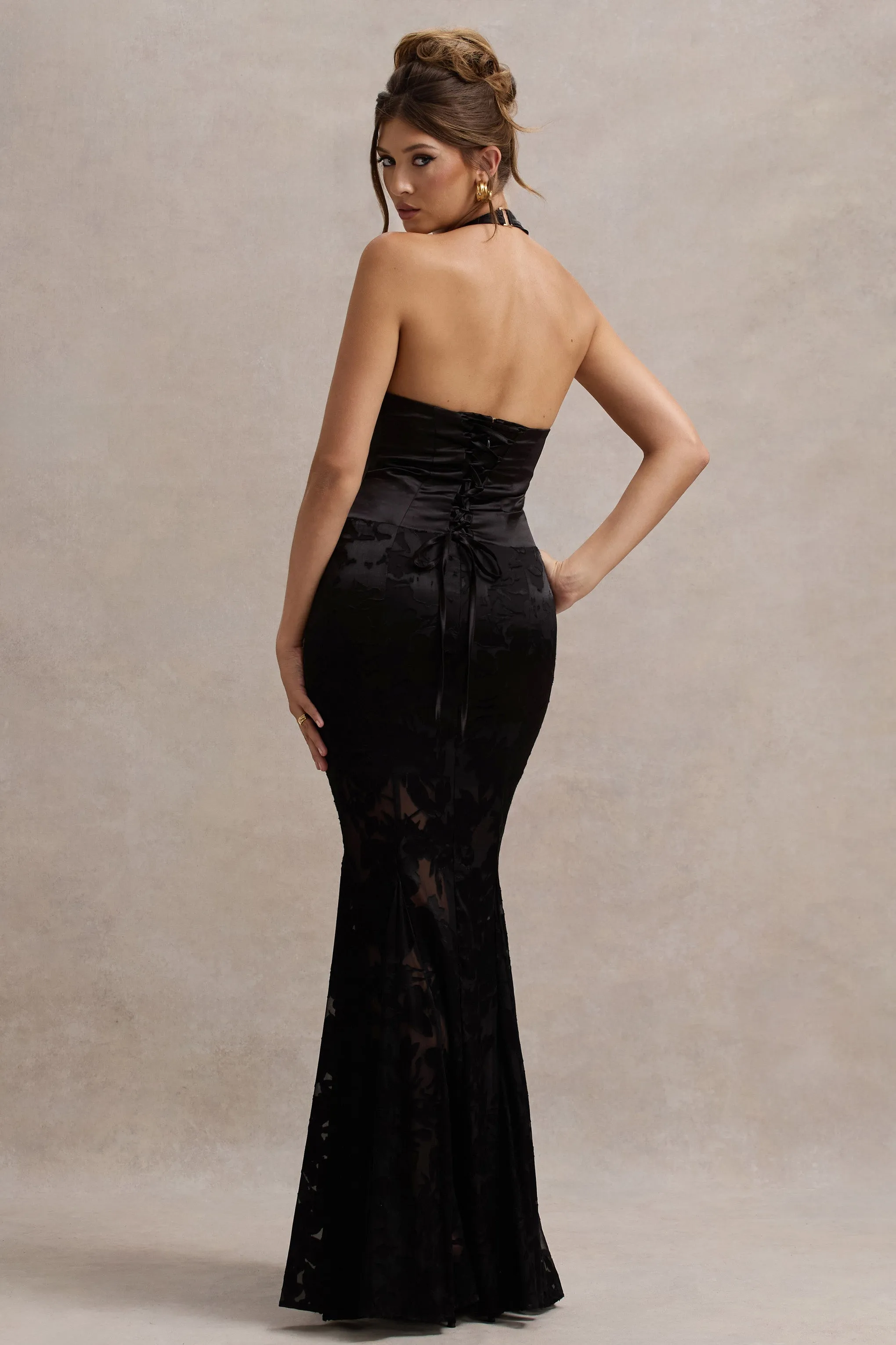 Sunset Tales | Black Satin Devore Plunge-Neck Fishtail Maxi Dress