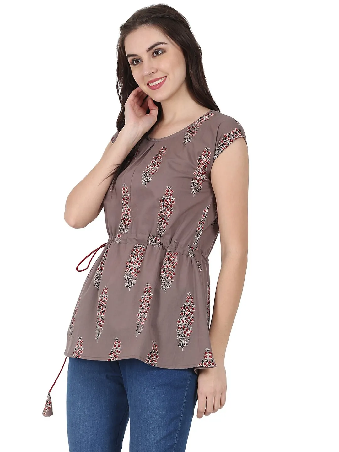 Taupe Printed Cap Sleeve Cotton Tunic