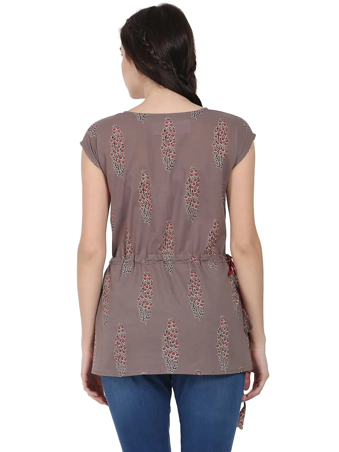 Taupe Printed Cap Sleeve Cotton Tunic