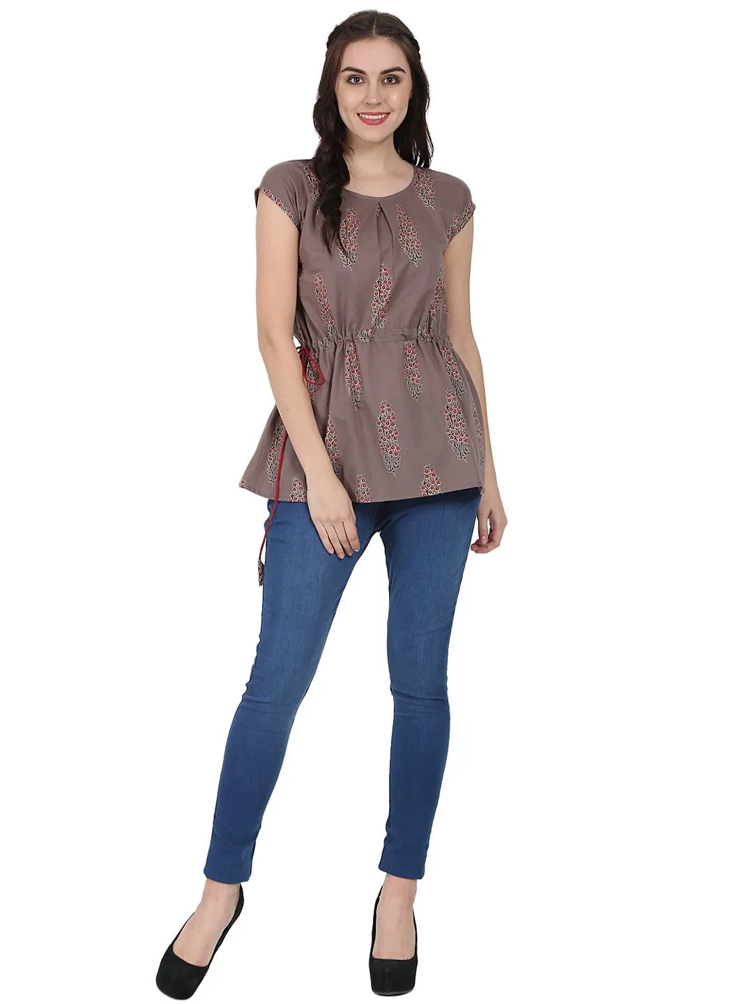 Taupe Printed Cap Sleeve Cotton Tunic