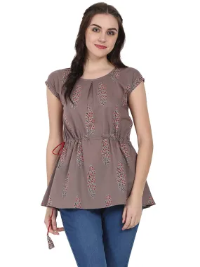 Taupe Printed Cap Sleeve Cotton Tunic