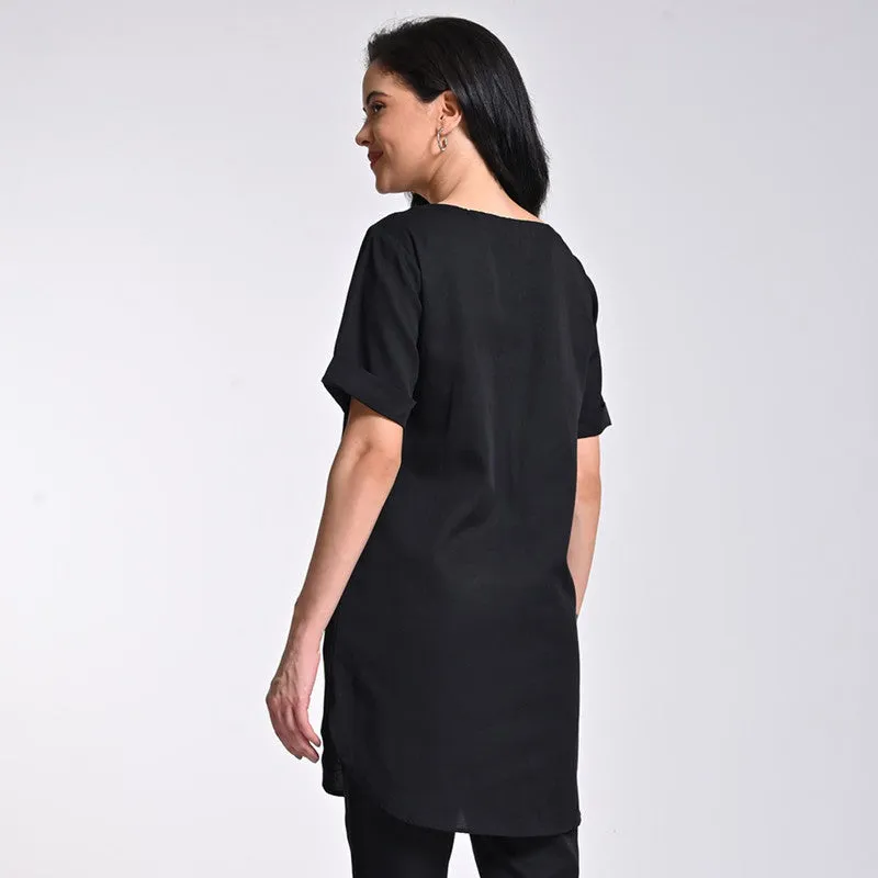 Tencel Solid Tunic For Women | Boat Neck | Half Sleeves | Black