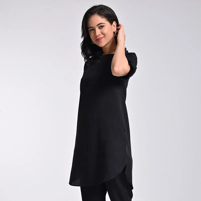 Tencel Solid Tunic For Women | Boat Neck | Half Sleeves | Black