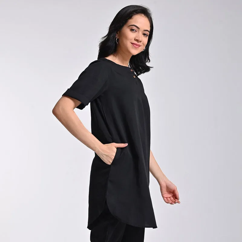 Tencel Solid Tunic For Women | Boat Neck | Half Sleeves | Black