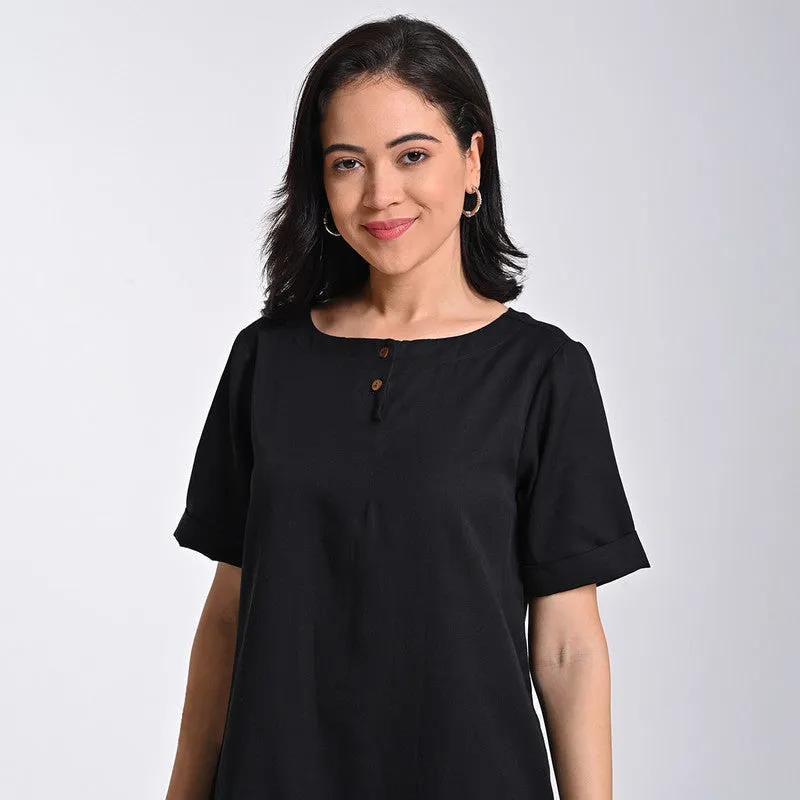 Tencel Solid Tunic For Women | Boat Neck | Half Sleeves | Black