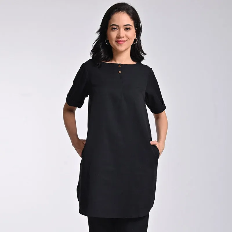 Tencel Solid Tunic For Women | Boat Neck | Half Sleeves | Black