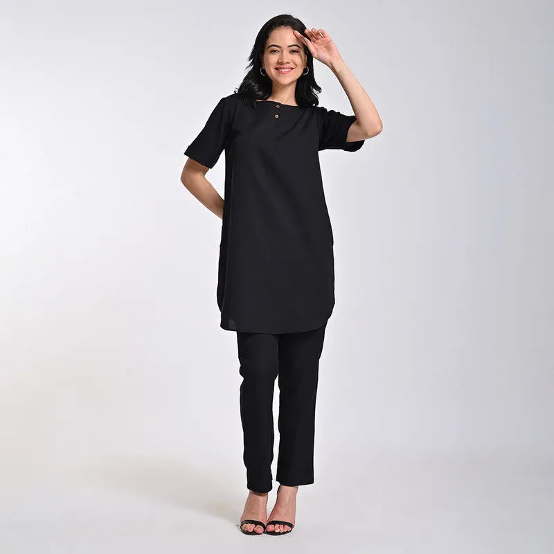 Tencel Solid Tunic For Women | Boat Neck | Half Sleeves | Black