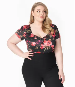 Unique Vintage Plus Size 1950s Black & Red Floral Sweetheart Rosemary Top