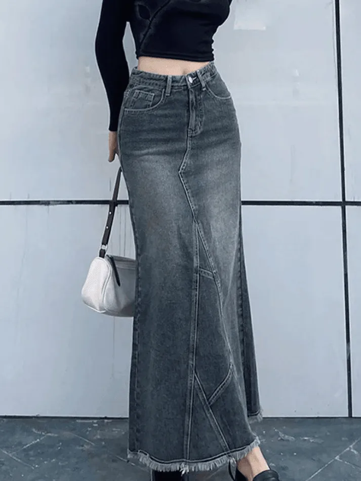 Uniwim Back Slit Patchwork Long Denim Skirt