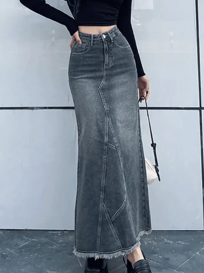 Uniwim Back Slit Patchwork Long Denim Skirt