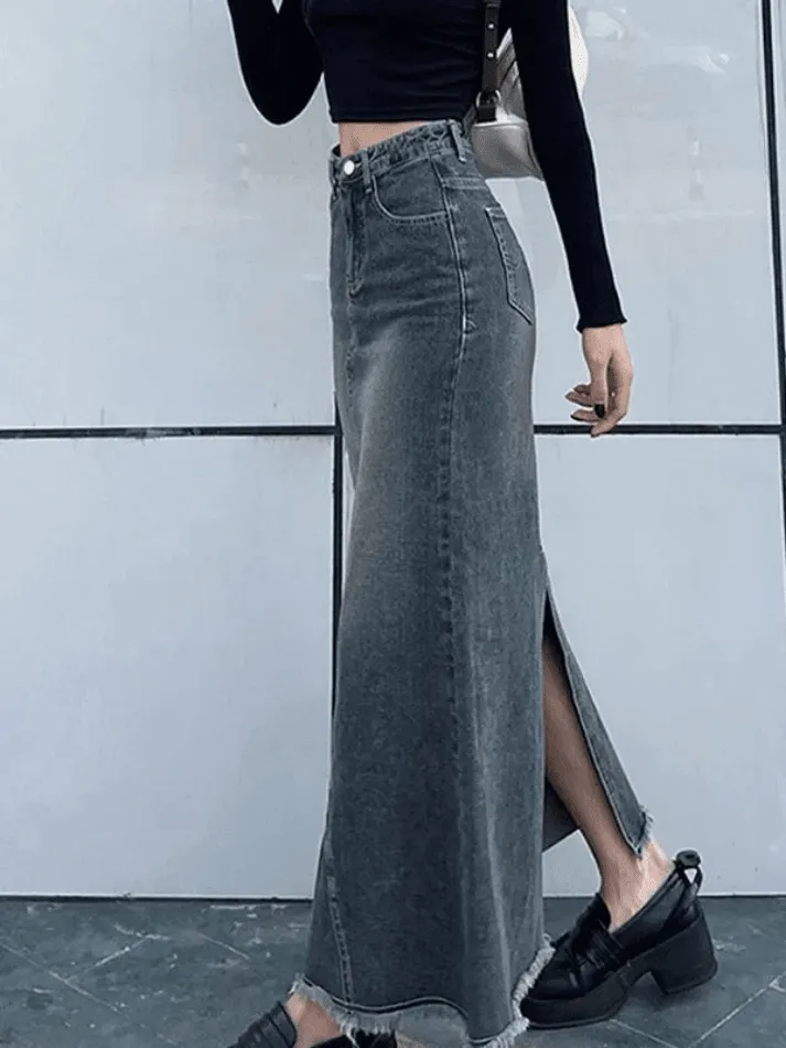 Uniwim Back Slit Patchwork Long Denim Skirt