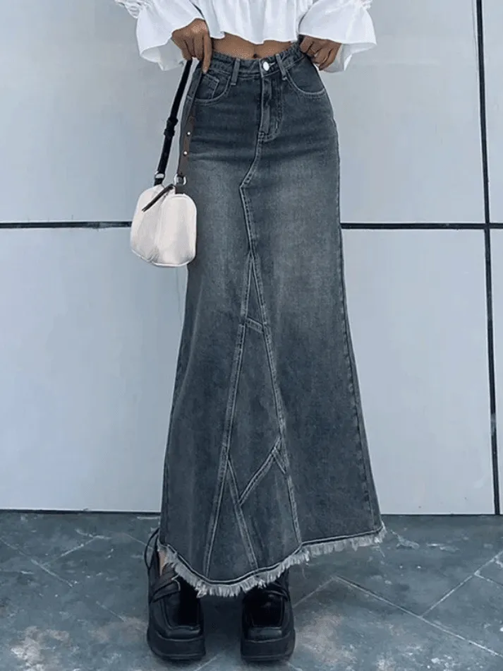 Uniwim Back Slit Patchwork Long Denim Skirt