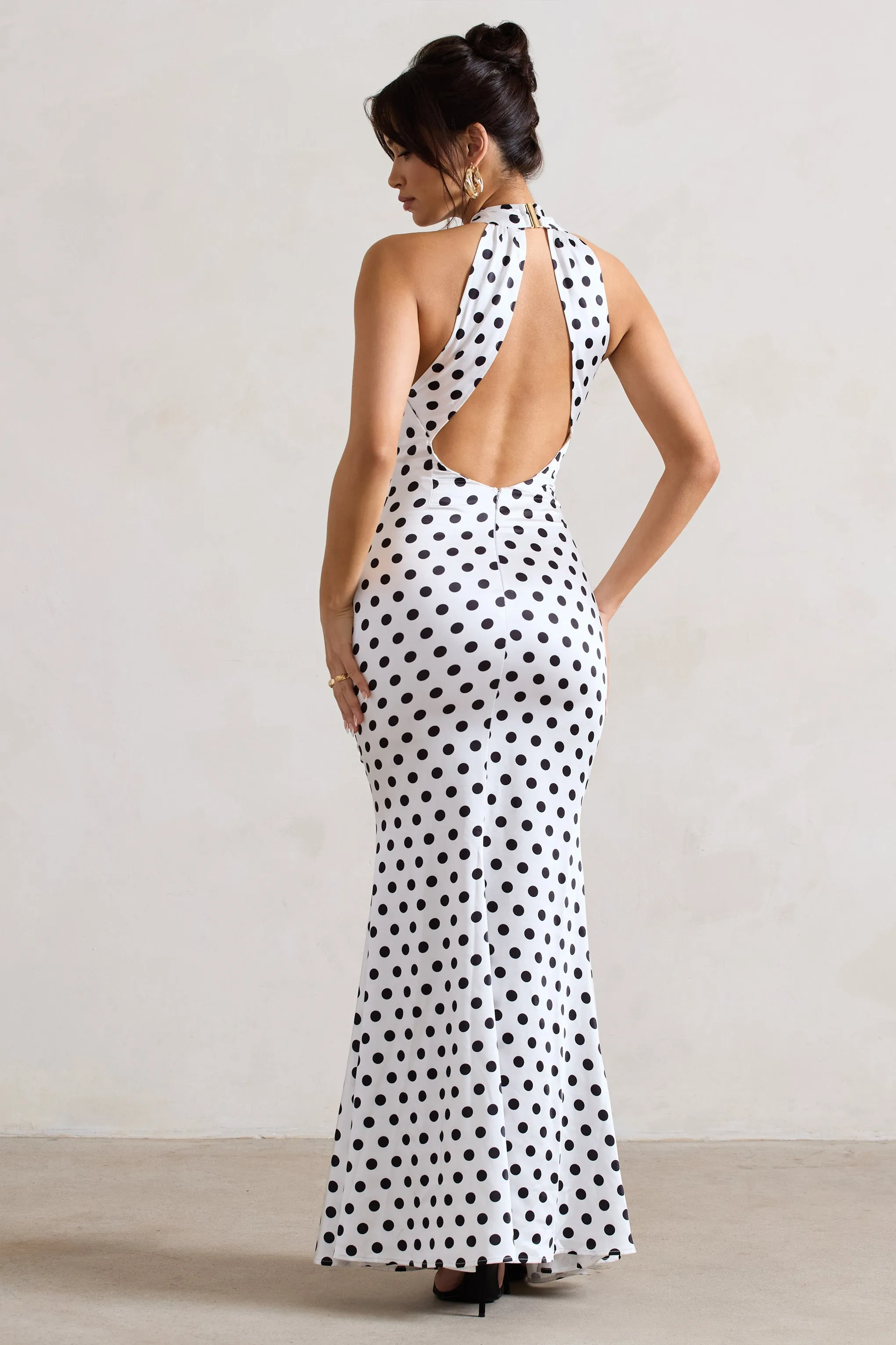 Unstoppable | White Polka Dot Satin Cross Over Halter Neck Maxi Dress