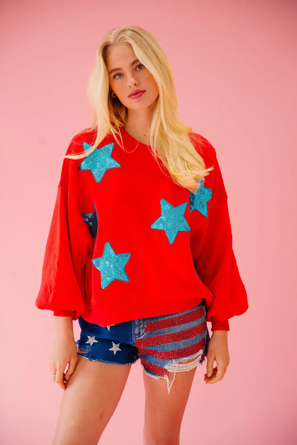 USA SEQUIN STARS RED PULLOVER