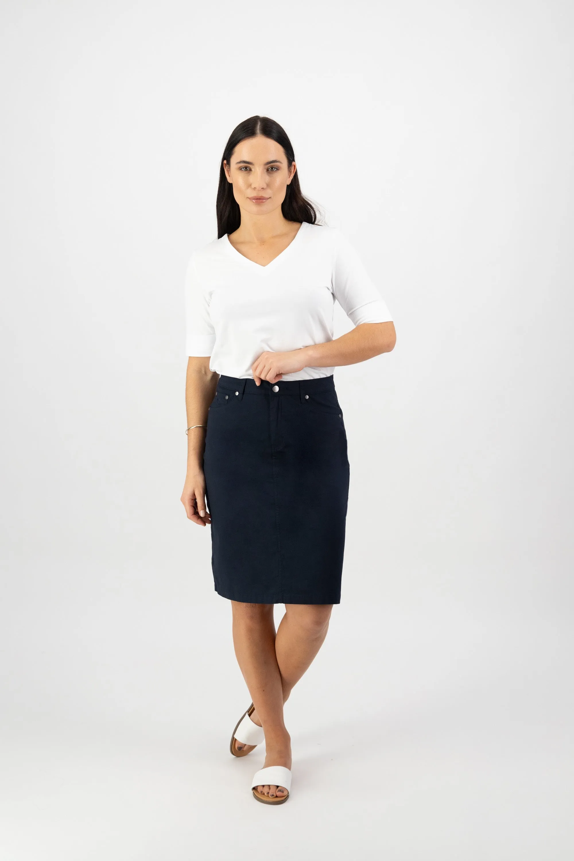 Vassalli Poplin Skirt with Back Vent - Navy