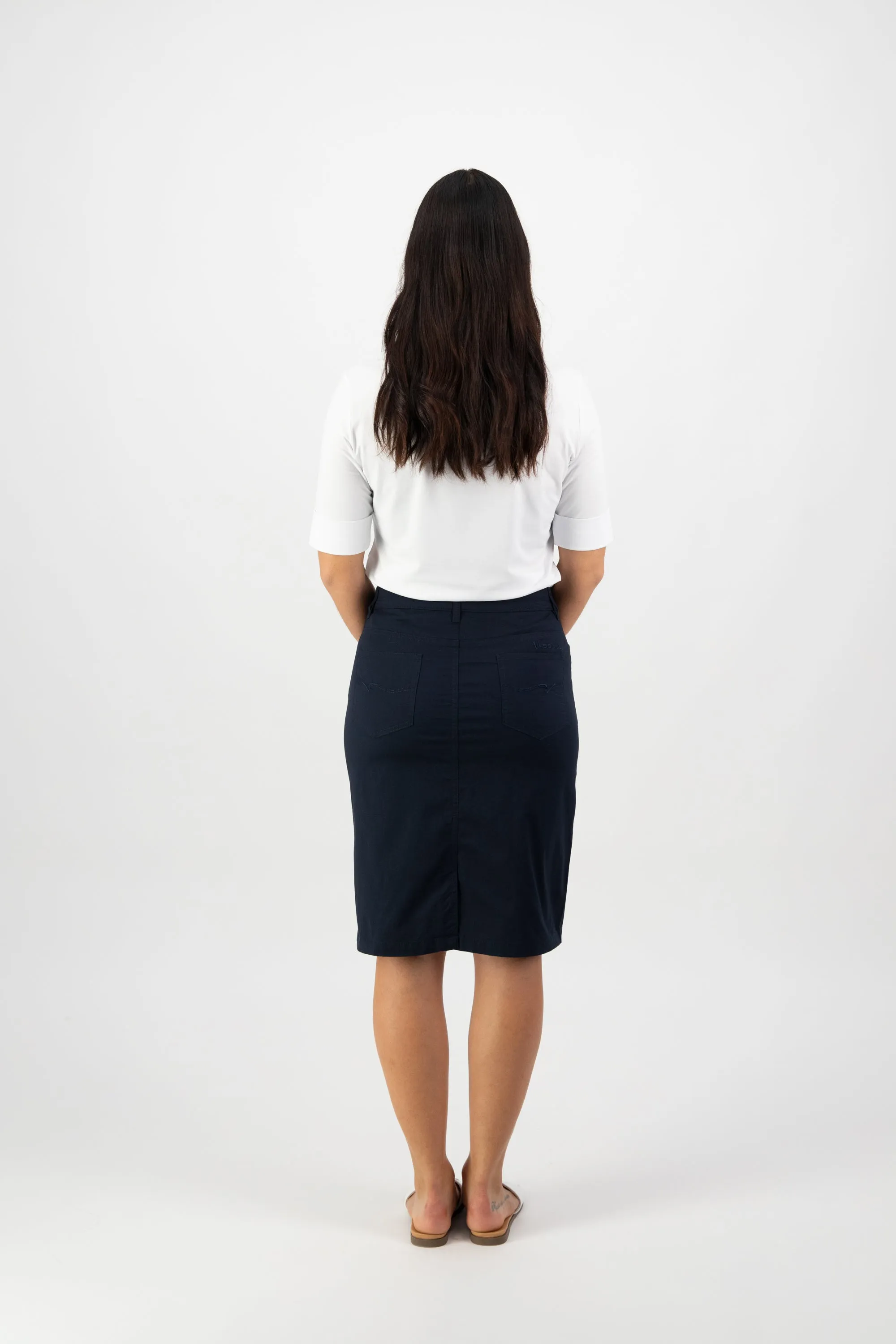 Vassalli Poplin Skirt with Back Vent - Navy