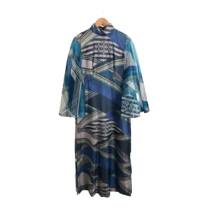 Vintage Unbranded Silk Chiffon Long Sleeve Maxi Tunic Dress Blue Multi Geometric Print UK Size 14