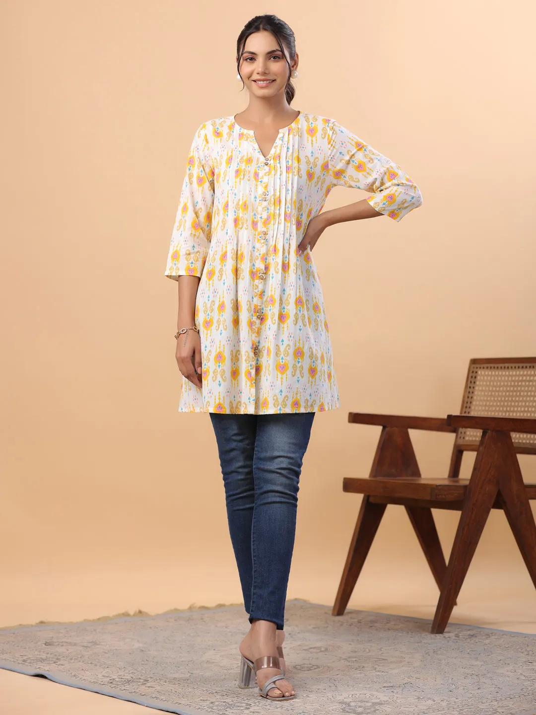 White Cotton Ikkat Pleated Tunic