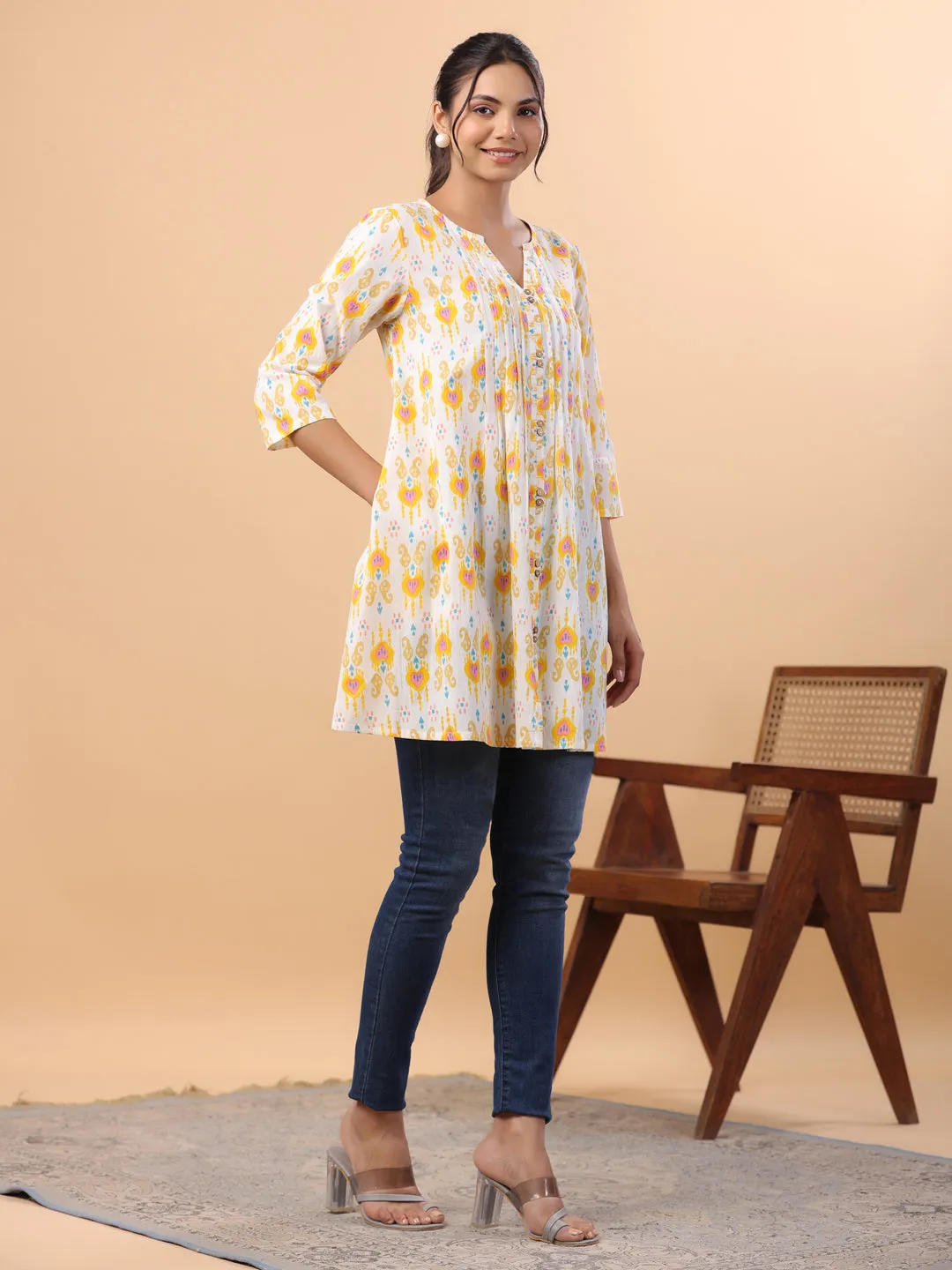 White Cotton Ikkat Pleated Tunic