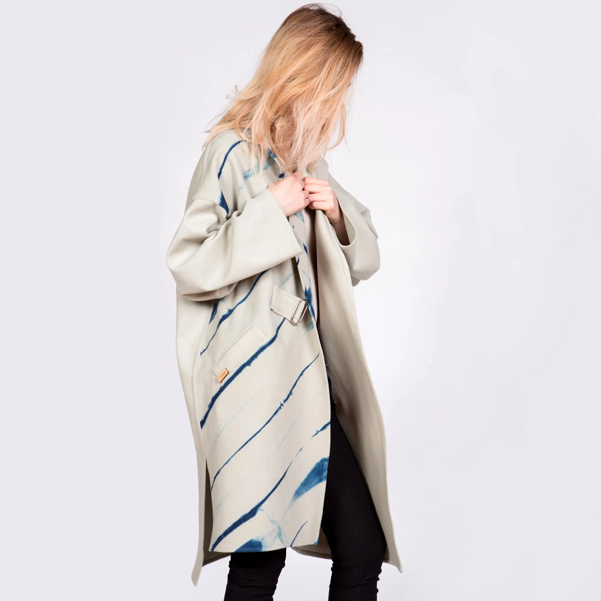 White Sand Wool Coat With Itajime Indigo Shibori