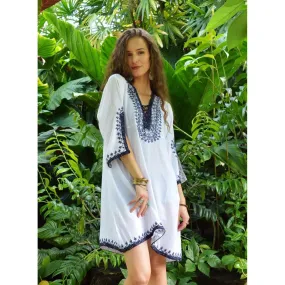 White with Silver Blue Embroidery Nadia Tunic Dress - Moroccan Tunic