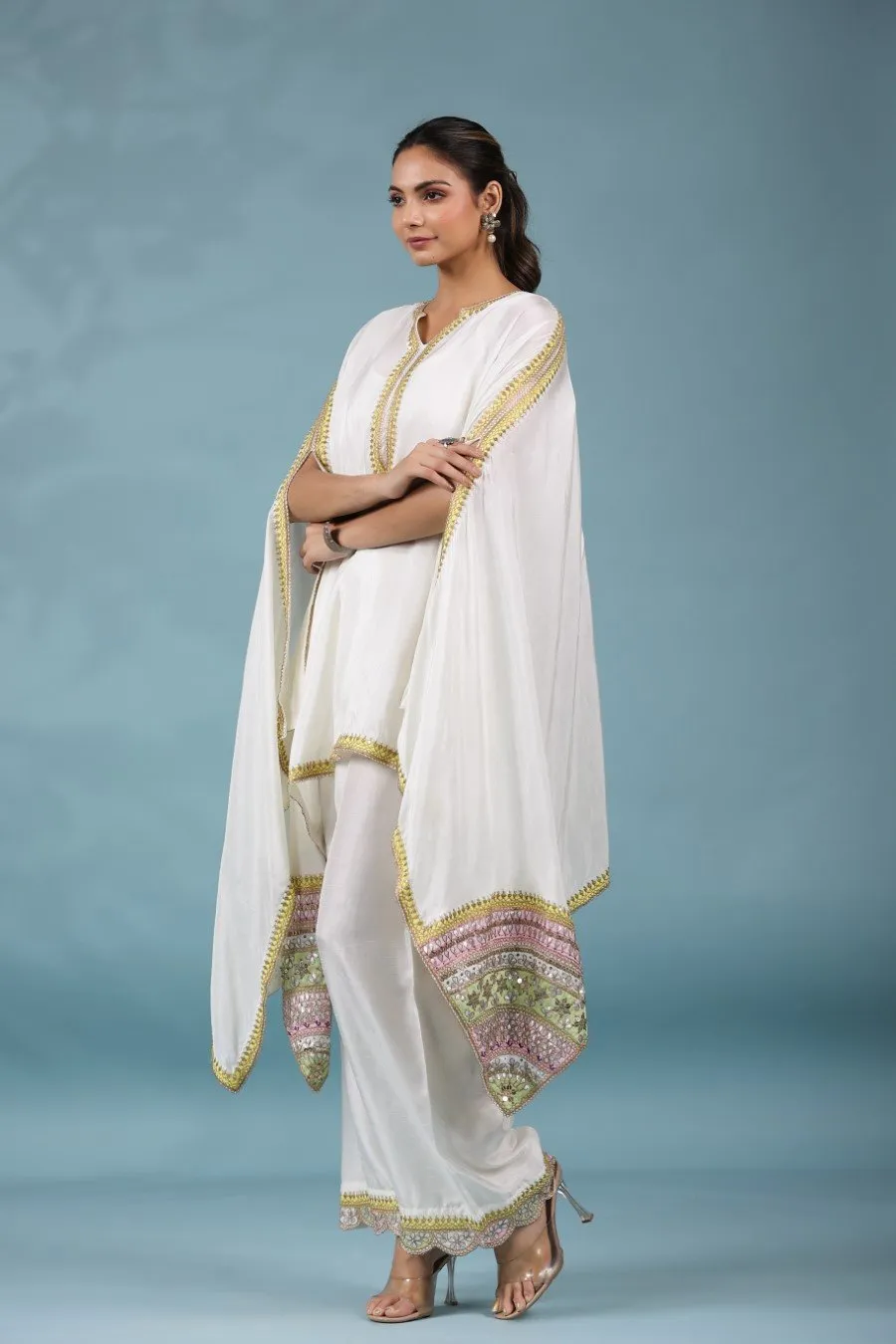 White Zari Embroidered Asymmetrical Tunic & Pants