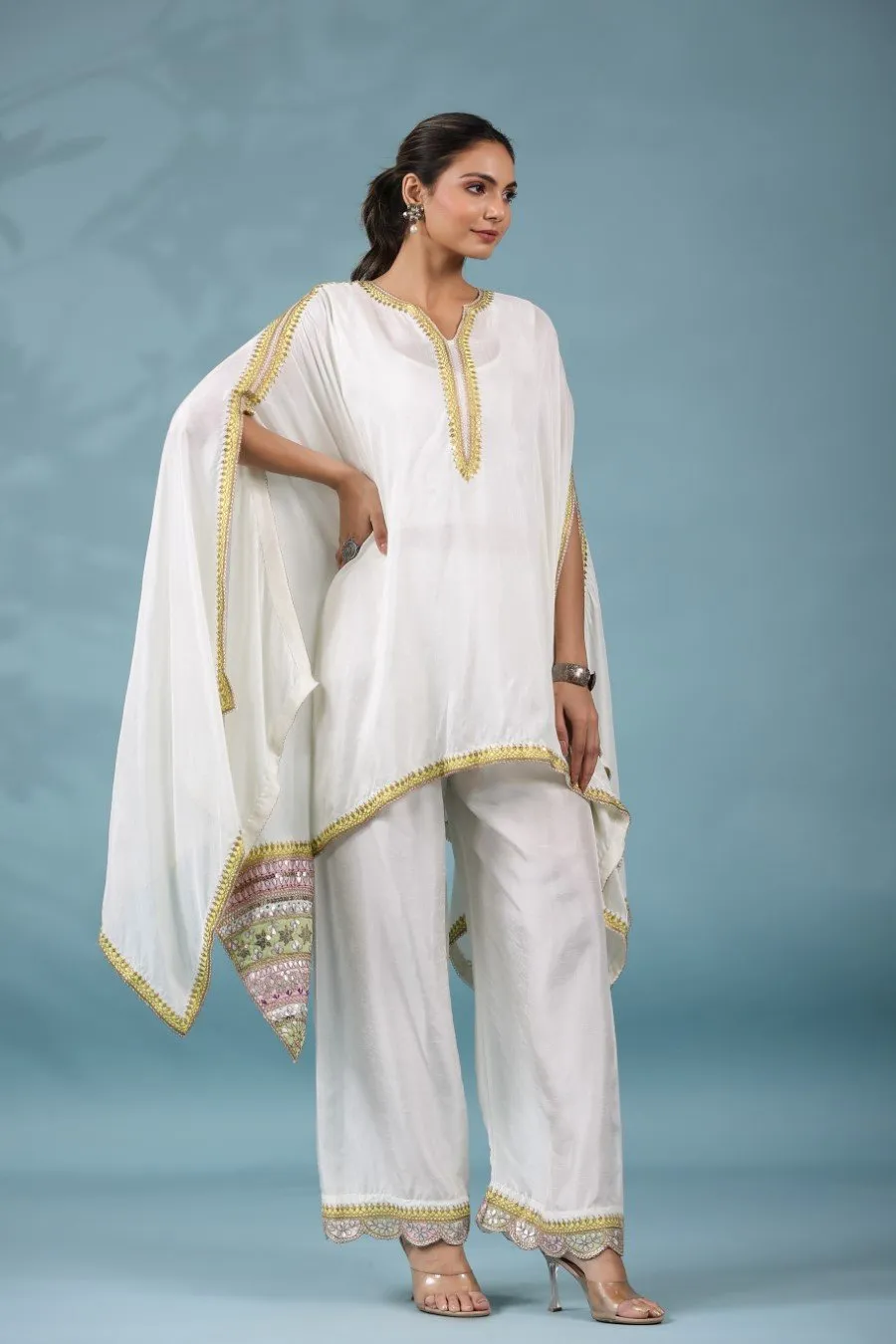 White Zari Embroidered Asymmetrical Tunic & Pants