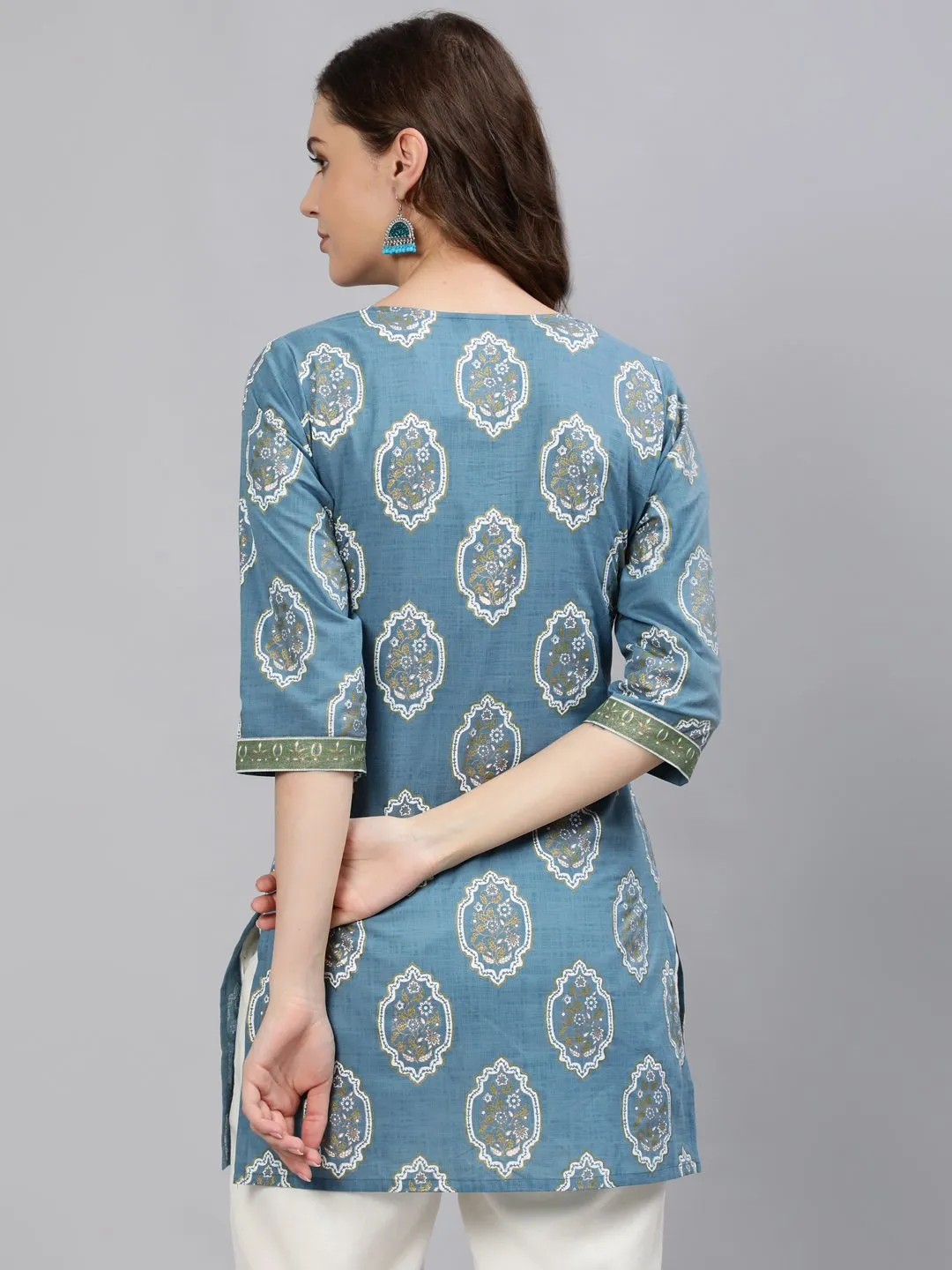 Women Blue & Gold Printed Tunic With Three Quarter Sleeves