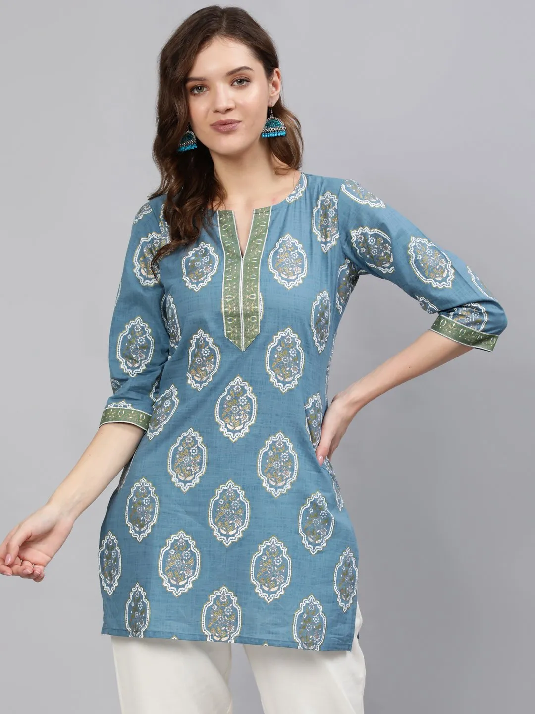 Women Blue & Gold Printed Tunic With Three Quarter Sleeves