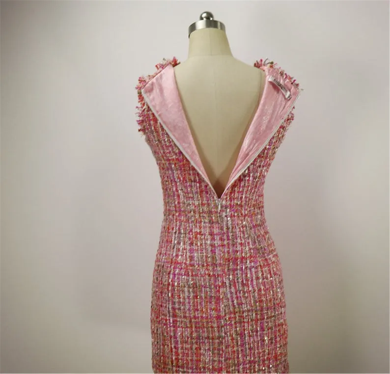 Women Custom Made Round Neck Sleeveless Tweed Sheath Dress Pink