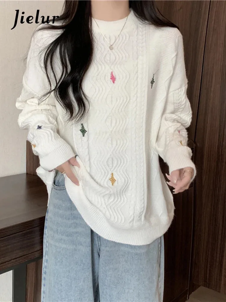 Women Knitted Sweater Autumn New O-Neck Vintage Embroidered Knitwear Baggy Long Sleeve Warm Lady White Pullover Chic