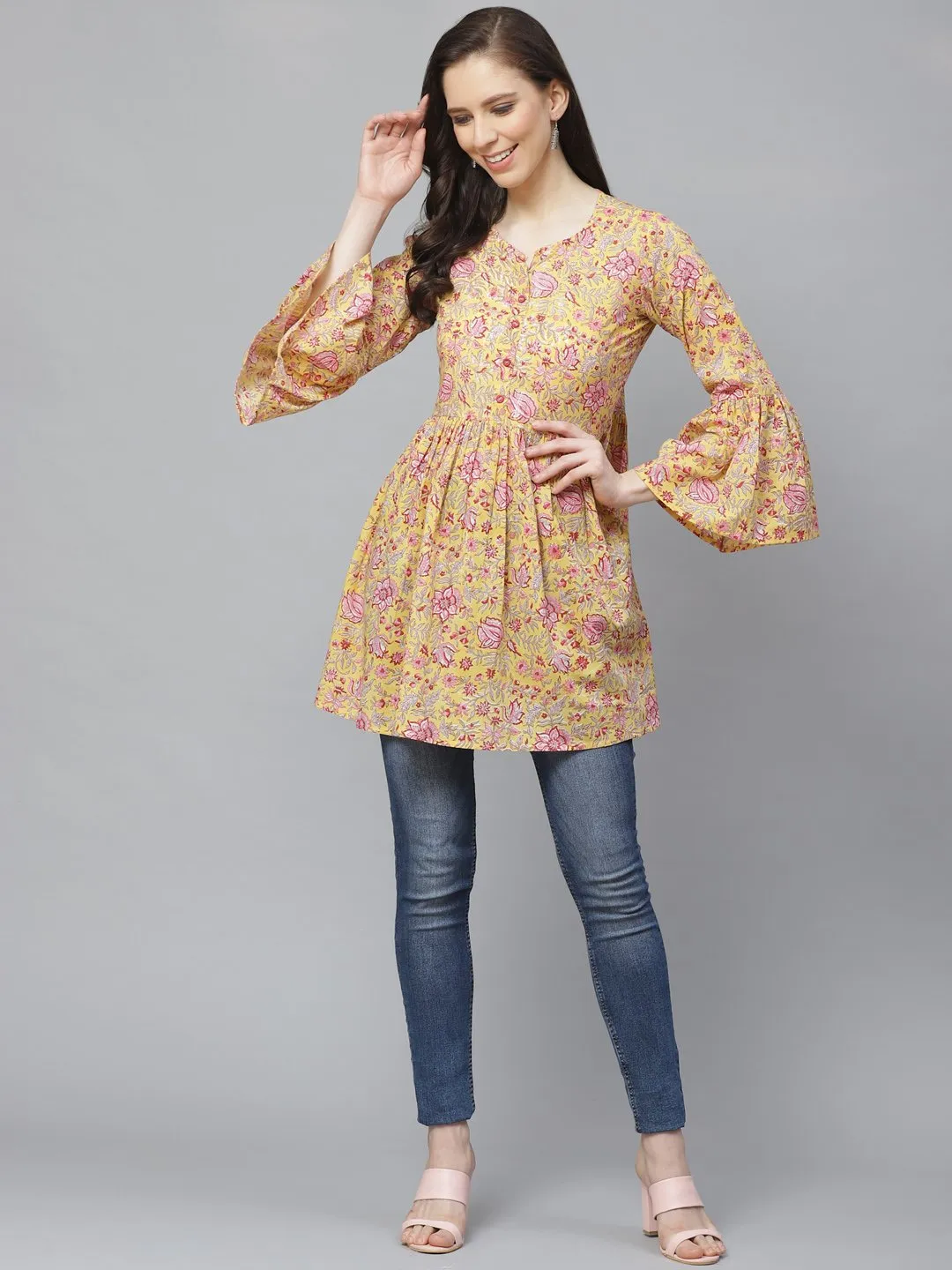 Women Mustard Yellow Printed Tunic