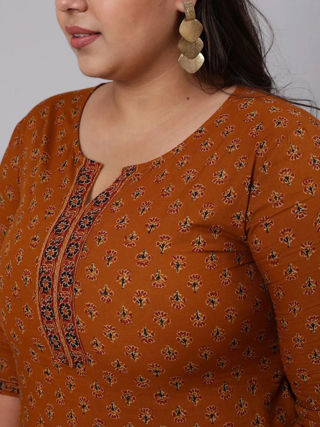 Women Plus Size Mustard Ethnic Tunic With Three Quarter Sleeves