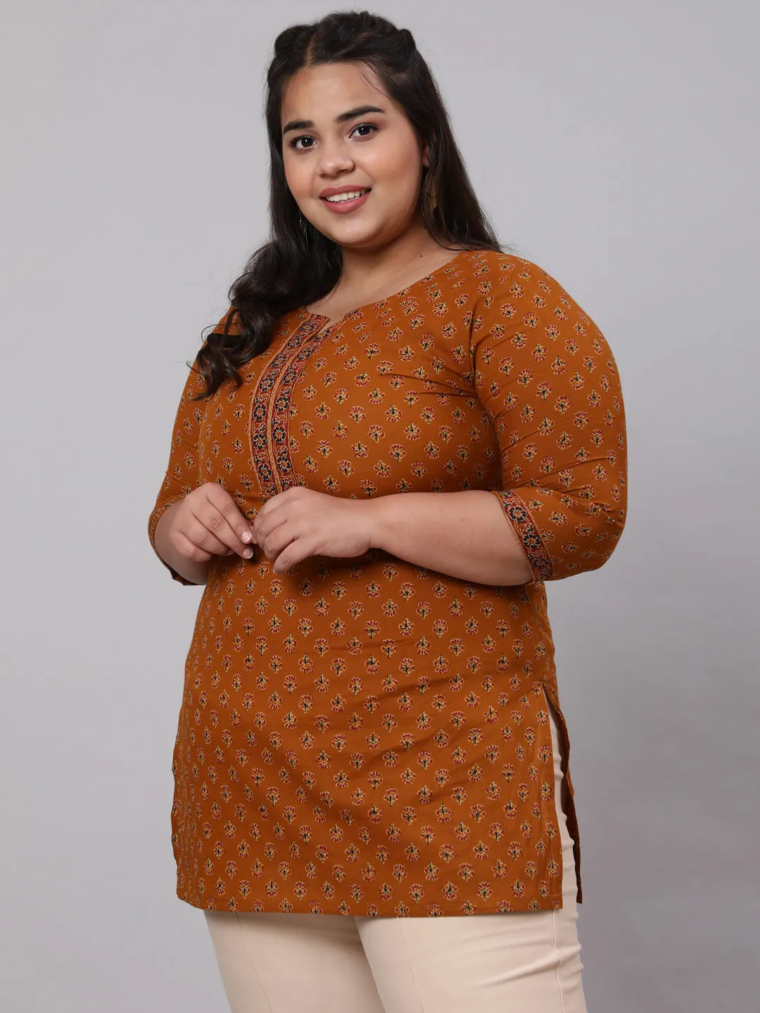 Women Plus Size Mustard Ethnic Tunic With Three Quarter Sleeves