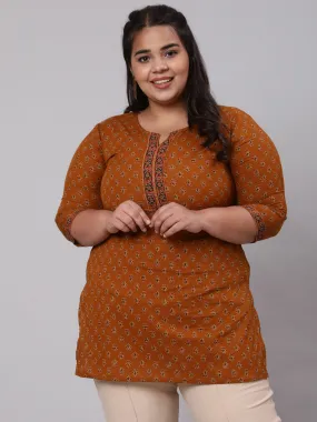 Women Plus Size Mustard Ethnic Tunic With Three Quarter Sleeves